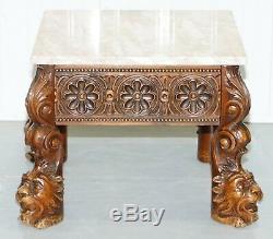 Stunning 18th Century Style Side Table Lion Head Carved Wood Legs Marble Top