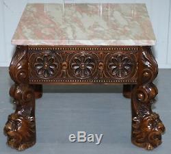 Stunning 18th Century Style Side Table Lion Head Carved Wood Legs Marble Top