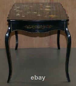Stunning Black Lacquered Polychrome Painted Writing Table Desk Birds Flowers