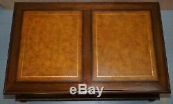 Stunning Burr Elm Ethan Allen Morley Coffee Table With Brown Leather Top Drawers