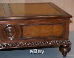Stunning Burr Elm Ethan Allen Morley Coffee Table With Brown Leather Top Drawers