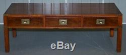 Stunning Burr Elm Harrods Kennedy Military Campaign Coffee Table Three Drawers