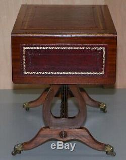 Stunning Large Side Table With Extending Oxblood Leather Gold Leaf Embossed Top