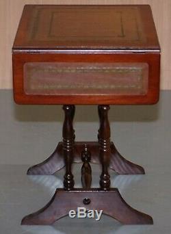 Stunning Small Side Table With Extending Brown Leather Gold Leaf Embossed Top