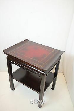 Unique Chinese Chippendale Side End Table with Leather Top, Fretwork Apron c. 1920s