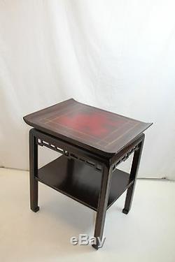 Unique Chinese Chippendale Side End Table with Leather Top, Fretwork Apron c. 1920s