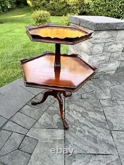 VTG Chippendale Style 2 Tier Pie Crust Carved mahogany Table Claw Foot 31x26