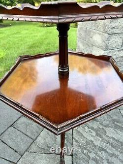 VTG Chippendale Style 2 Tier Pie Crust Carved mahogany Table Claw Foot 31x26