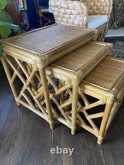 VTG Chippendale Style Bamboo Rattan Nesting Tables Set of 3 EUC Palm Beach