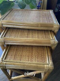 VTG Chippendale Style Bamboo Rattan Nesting Tables Set of 3 EUC Palm Beach