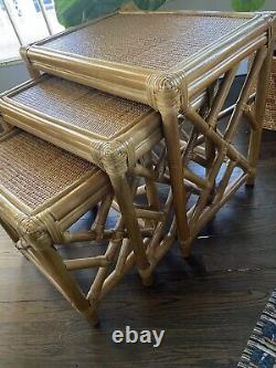 VTG Chippendale Style Bamboo Rattan Nesting Tables Set of 3 EUC Palm Beach