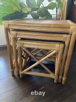 VTG Chippendale Style Bamboo Rattan Nesting Tables Set of 3 EUC Palm Beach