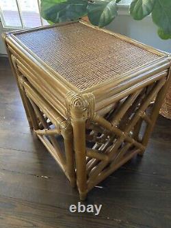 VTG Chippendale Style Bamboo Rattan Nesting Tables Set of 3 EUC Palm Beach