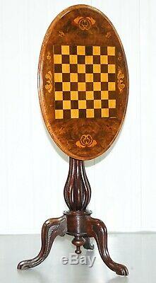 Victorian 1880 Walnut Marquetry Inlaid Chess Tilt Top Games Table Ornate Legs