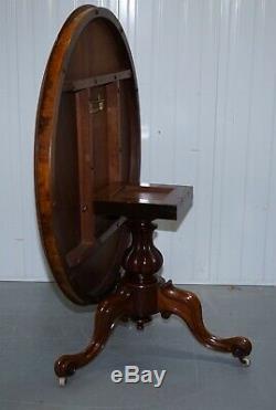 Victorian Burr Walnut Tilt Top. Loo Table With 3 Carved Legs Circa 1860