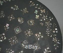 Victorian Ebonised Mother Of Pearl Inlaid Tilt Top Chess Table Flowers Butterfly