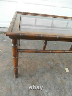 Vintage 1960's Solid Oak Faux Bamboo Chippendale Coffee Table w Smoke Glass Top