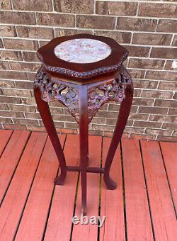 Vintage Antiqu Chinese Chippendale Plant Stand Table Marble Hand Carved Rosewood