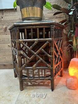 Vintage Bamboo Regency Chippendale Octagon Side Table Brown Glass Top Rattan