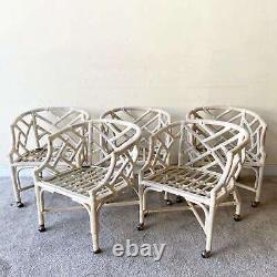 Vintage Boho Chic Bamboo Rattan Chippendale Dining Set by Henry Link 5 Chairs
