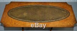 Vintage Burr Walnut Coffee Table With Green Distressed Leather Top Lovely Patina