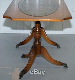 Vintage Burr Walnut Coffee Table With Green Distressed Leather Top Lovely Patina