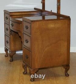 Vintage Burr Walnut Dressing Table & Stool With Trifold Mirrors Part Of Suite