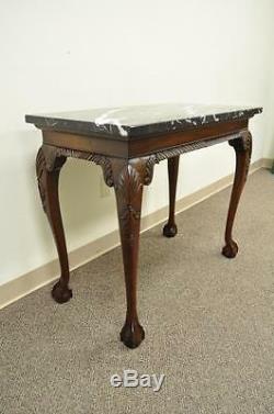 Vintage Carved Mahogany Chippendale Style Ball and Claw Marble Top Console Table
