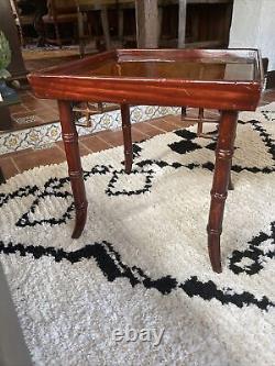 Vintage Chinese Chippendale Faux Bamboo End Table Fretwork Side Table Dark Wood