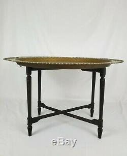 Vintage Chinese Chippendale Folding Brass Tray Top Coffee Table MCM 33 3\4