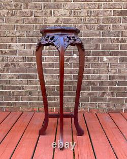 Vintage Chinese Chippendale Marble Top Plant Stand Table Hand Carved Rosewood