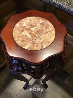 Vintage Chinese Chippendale Marble Top Plant Stand Table Hand Carved Rosewood