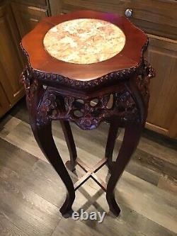 Vintage Chinese Chippendale Marble Top Plant Stand Table Hand Carved Rosewood