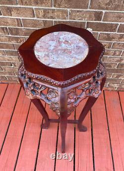 Vintage Chinese Chippendale Marble Top Plant Stand Table Hand Carved Rosewood