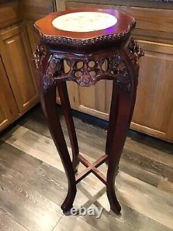Vintage Chinese Chippendale Marble Top Plant Stand Table Hand Carved Rosewood