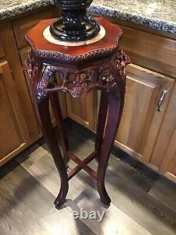 Vintage Chinese Chippendale Marble Top Plant Stand Table Hand Carved Rosewood