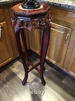 Vintage Chinese Chippendale Marble Top Plant Stand Table Hand Carved Rosewood