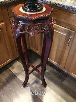 Vintage Chinese Chippendale Marble Top Plant Stand Table Hand Carved Rosewood