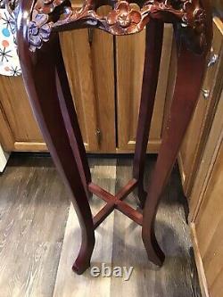 Vintage Chinese Chippendale Marble Top Plant Stand Table Hand Carved Rosewood