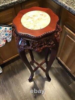 Vintage Chinese Chippendale Marble Top Plant Stand Table Hand Carved Rosewood