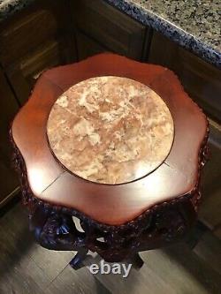 Vintage Chinese Chippendale Marble Top Plant Stand Table Hand Carved Rosewood