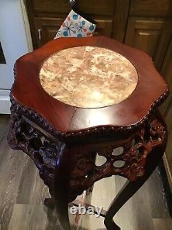 Vintage Chinese Chippendale Marble Top Plant Stand Table Hand Carved Rosewood