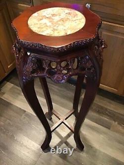 Vintage Chinese Chippendale Marble Top Plant Stand Table Hand Carved Rosewood