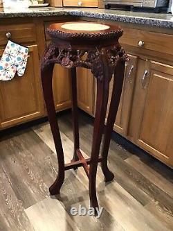 Vintage Chinese Chippendale Marble Top Plant Stand Table Hand Carved Rosewood