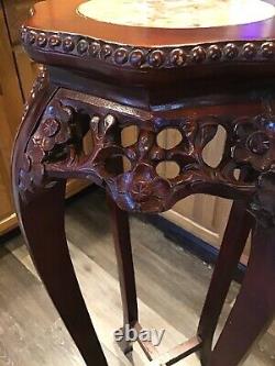 Vintage Chinese Chippendale Marble Top Plant Stand Table Hand Carved Rosewood