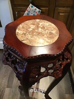 Vintage Chinese Chippendale Marble Top Plant Stand Table Hand Carved Rosewood