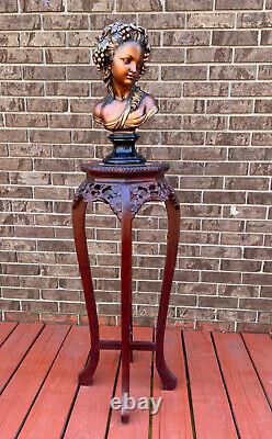 Vintage Chinese Chippendale Marble Top Plant Stand Table Hand Carved Rosewood