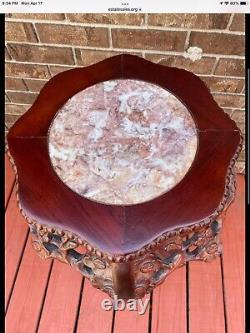 Vintage Chinese Chippendale Marble Top Plant Stand Table Hand Carved Rosewood