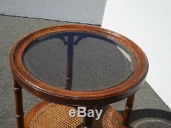 Vintage Chinese Chippendale Oak Wood Faux Bamboo & Cane Round End Table