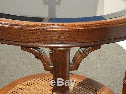 Vintage Chinese Chippendale Oak Wood Faux Bamboo & Cane Round End Table